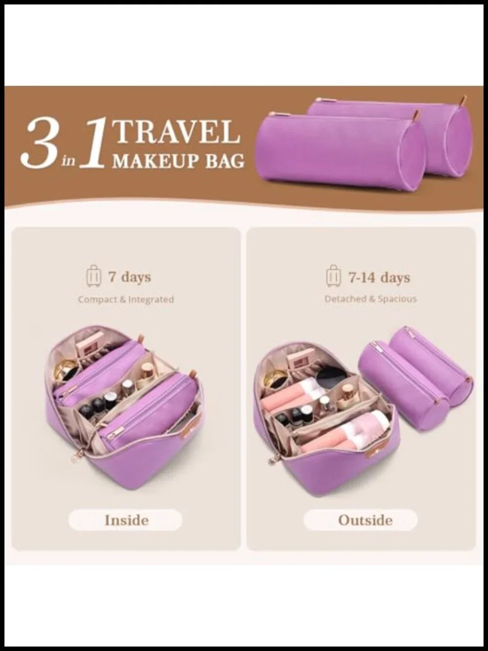 3-in-1 Large Capacity Cosmetic Organizer with 2 Detachable Pouches - Vegan